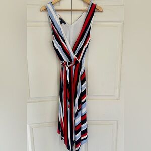 INC International Concepts Red, Navy & White Striped Midi Wrap Dress